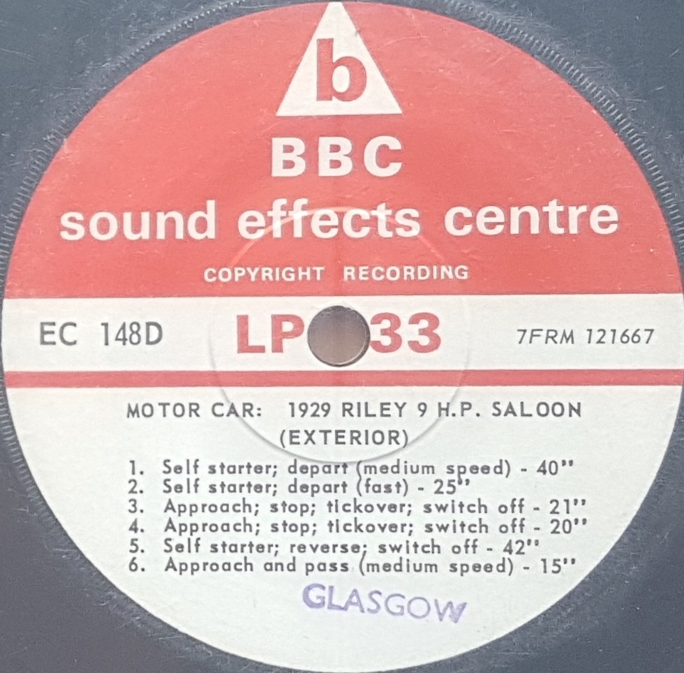 EC 148D Motor car: 1929 Riley 9 H. P. saloon (Exterior) Not registered from the BBC records and Tapes library Label
